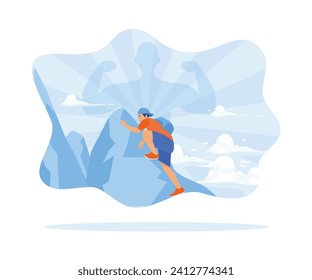 A powerful man climbs a mountain. Feeling strong. Try your best to get to the top. Self-improvement concept. Flat vector illustration.