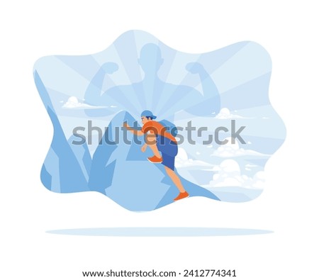 A powerful man climbs a mountain. Feeling strong. Try your best to get to the top. Self-improvement concept. Flat vector illustration.