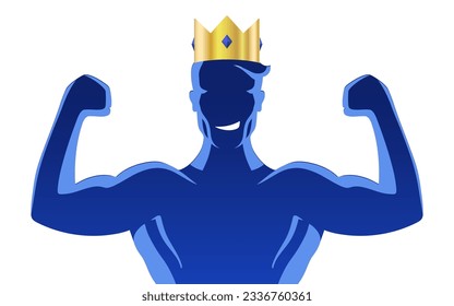 Powerful man with a golden crown on the head and arms up. Winning concept, vector illustration isolated on a white background.