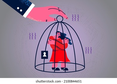 Powerful man hold unhappy crying woman in birdcage show domination in relationship. Authoritarian male keep wife or female in cage demonstrate power and abuse. Flat vector illustration. 