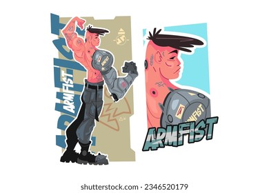 Powerful man with mechanical arm, vector illustration. Gray-suited man with metal fist. Arm raised near face