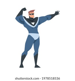 Powerful Man Superhero Character in Black and Blue Costume Cartoon Vector Illustration