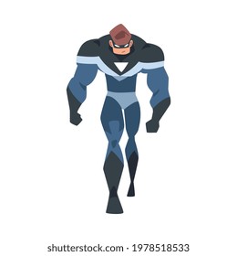 Powerful Man Superhero Character in Blue Costume and Mask Cartoon Vector Illustration