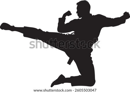 Powerful Martial Artist Performing High Kick Silhouette – Dynamic Karate, Taekwondo, and Kickboxing Action Pose Illustration