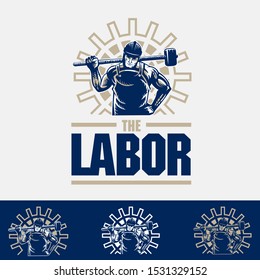 A powerful mascot logo featuring a muscular industrial laborer wearing a hard hat and holding a heavy sledgehammer across his shoulders. The character is set against a large mechanical gear silhouette, symbolizing hard work, construction, and the manufacturing industry. This professional vector emblem is ideal for construction companies, labor unions, fitness gyms, maintenance services, and rugged streetwear branding.