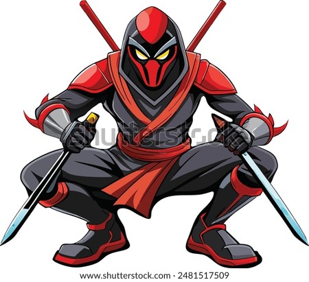 Powerful masked ninja warrior with swords crouching in attack position