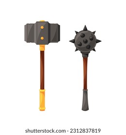 Powerful Medieval Weapons Sledgehammer And Mace, Used In Battle, Cartoon Vector Illustration
