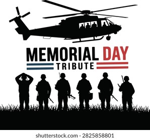 Powerful memorial day tribute featuring a helicopter, group of soldiers in uniform with rifles, and a silhouette of grassy field.