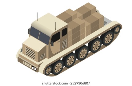 Potente camión militar que transporta carga, equipado con un sistema de pista continua para mejorar las capacidades todoterreno