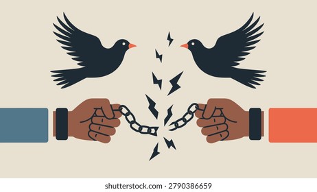 A powerful minimalist vector illustration symbolizing liberation, equality, and civil rights. The design features two Black hands pulling apart and breaking a metal chain with shards flying out, representing the end of slavery. Above the hands, two black birds or doves fly toward each other, symbolizing peace, hope, and newfound freedom. This flat-design artwork uses striking blue, orange, and neutral tones, making it perfect for Juneteenth celebrations, Black History Month, and human rights concepts.