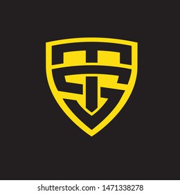 A powerful and minimalist vector logo featuring the letters T and S integrated into a sharp shield shape. The design uses a bold yellow linear style against a solid black background, symbolizing protection, high-level security, and prestigious authority. This professional monogram is ideal for cybersecurity firms, sports teams, tactical gear brands, legal services,