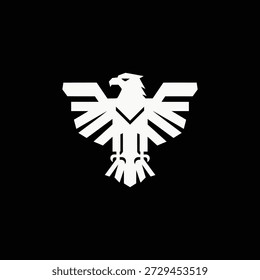 Poderoso logotipo vetorial minimalista com uma águia majestosa com asas angulares afiadas formando uma crista simétrica semelhante a um escudo em branco nítido no fundo preto profundo. Ideal para empresas de segurança premium, agências de proteção executiva de elite, marcas de equipamentos táticos de ponta, serviços de aviação privada de luxo ou organizações modernas de e-sports ou jogos que buscam um emblema feroz, autoritário e ultra-limpo que irradia força, vigilância, proteção e domínio atemporal.