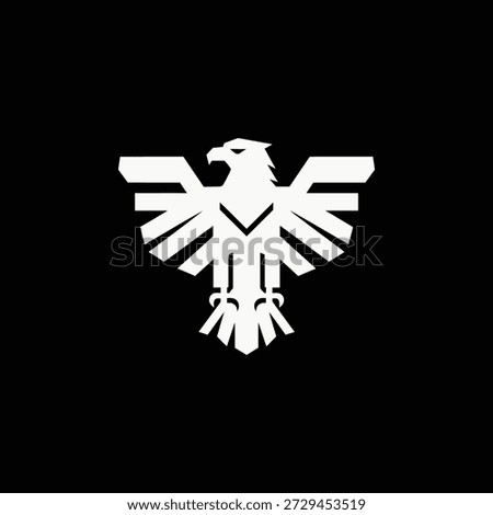 Powerful minimalist vector logo featuring a majestic eagle with sharp angular wings forming a symmetrical shield-like crest in crisp white on deep black background. Ideal for premium security companies, elite executive protection agencies, high-end tactical equipment brands, luxury private aviation services, or modern esports or gaming organizations seeking a fierce, authoritative, and ultra-clean emblem that radiates strength, vigilance, protection, and timeless dominance.