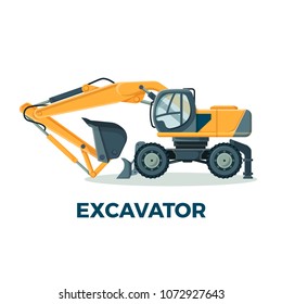 Powerful modern excavator with big ladle for building