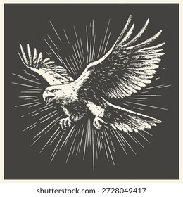 Una poderosa ilustración monocromática de un águila calva que se eleva con sus alas extendidas contra un llamativo patrón radial de rayos de sol en un estilo clásico vintage.