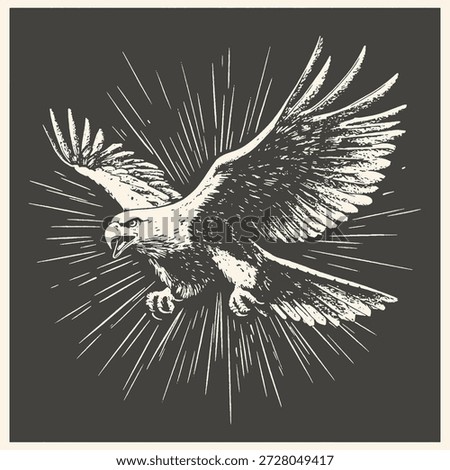 A powerful monochrome illustration of a bald eagle soaring with its wings spread against a striking radial sunburst pattern in a classic vintage style.