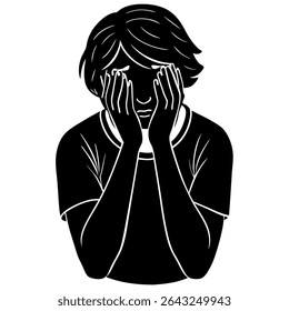 Uma poderosa ilustração monocromática representando uma pessoa cobrindo seu rosto, incorporando profunda tristeza e angústia emocional. 