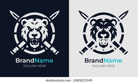 Powerful monochrome logo featuring an angry bear head in a shield, crossed swords behind, stars above, and custom name and tagline. Ideal for sports and branding
