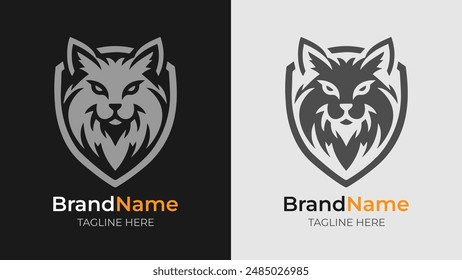 Powerful monochrome logos with an angry cat head inside a shield. Perfect for strong branding and team identities