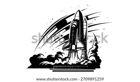 A powerful monochrome vector art piece depicting a space shuttle during liftoff, with dramatic plumes of smoke and exhaust from its powerful rocket boosters.