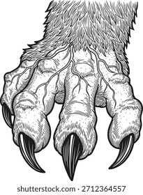 Una poderosa pata de monstruo con garras afiladas y amenazadoras y piel texturizada, representada sobre un fondo oscuro sólido. Esta Imagen transmite fuerza y una naturaleza primitiva e indómita.