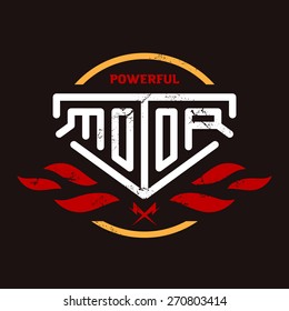 Powerful motor - Original lettering. Automotive, motorcycle badge with fire and bolt. Vector Logo, Sign or label.