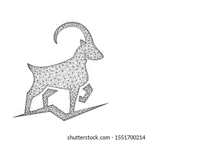 Powerful mountain goat low poly design, animal abstract geometric art, ibex wireframe mesh polygonal vector illustration made from points and lines on white background