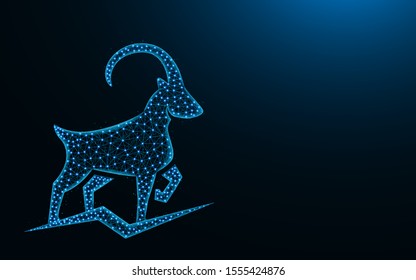 Powerful mountain goat low poly design, animal abstract geometric image, ibex wireframe mesh polygonal vector illustration made from points and lines on dark blue background