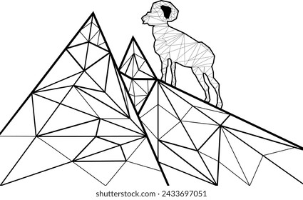 Powerful mountain ram in mountain low poly design, animal abstract geometric art, ibex wireframe mesh polygonal vector illustration made from lines. Vector graphics.