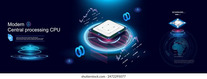 Powerful multi-core processor for computer on futuristic background with neon hologram. Isometric digital chip with interactive server. Conceptual cyber banner with realistic processor for PC