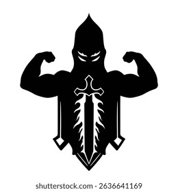 Powerful muscular knight strong sword silhouette.