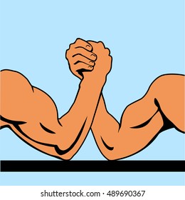 Powerful muscular male arms in a wrestling competition on blue background. Vector