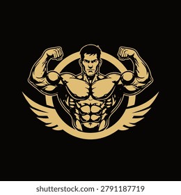 Powerful muscular man flexing in a circular golden frame with wings, ideal for fitness centers, gym branding, and supplement products.