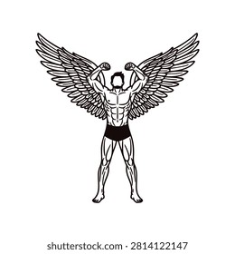 Powerful muscular man with large wings flexing his strong body in an iconic line art illustration for fitness concepts