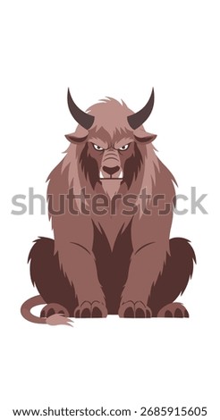 A powerful mythical creature with large horns and shaggy fur sits stoically.