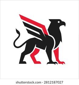 Powerful and mythical griffin logo design featuring sharp wings and a majestic stance in red and black.