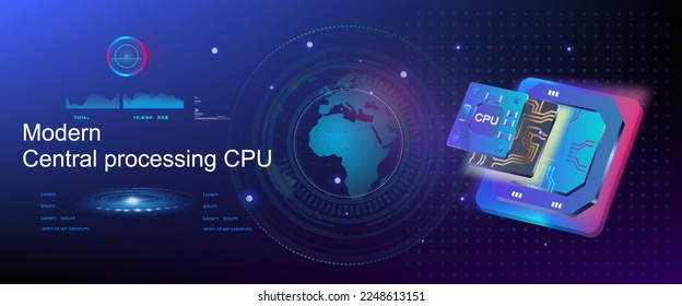 Powerful new generation stream processor. Cyber banner with CPU on futuristic background. Game processor for computer or laptop with an integrated graphics core. latest chip with holographic portal