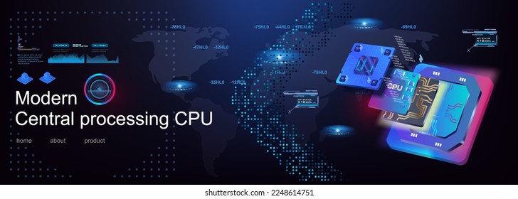 Powerful next generation computer processor. Development electronic digital devices. Advanced computer technology. Modern CPU. Electronic systems and computer innovative technologies