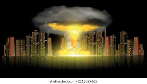Poderosa explosión de bomba nuclear cayó sobre la composición realista de la ciudad con rascacielos sobre ilustración vectorial de fondo negro