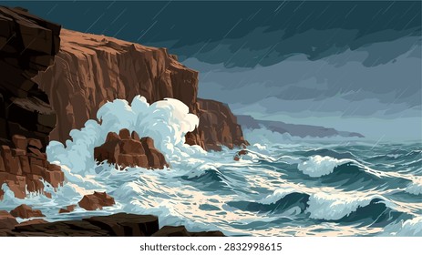 Powerful Ocean Storm Waves Crashing on Rugged Cliffs Illustration