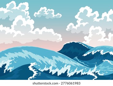 Powerful ocean wave crashes in a dynamic pixel art scene under a vast sky filled with fluffy pink and white clouds