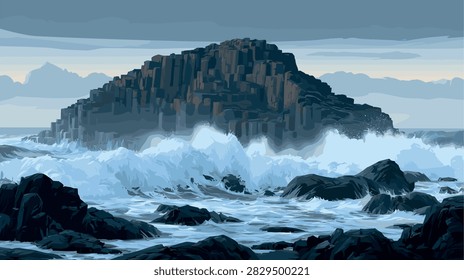 Powerful Ocean Waves Breaking on Dark Basalt Rock Formation