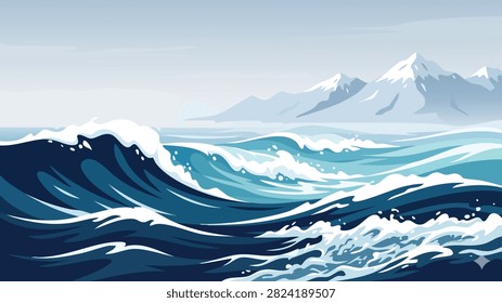 Powerful Ocean Waves with Snow-Capped Mountains Seascape Illustration