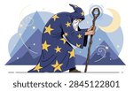 Powerful old wizard in a starry blue robe holding a glowing magic staff, set against mountains and a crescent moon background.