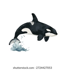 Potente orca killer ballena rompiendo desde el agua del océano, una ilustración dinámica de la vida marina perfecta para la naturaleza, la vida silvestre o proyectos educativos.