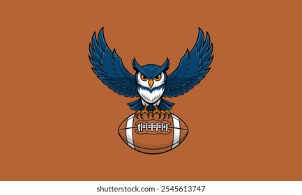 Powerful owl perched on football with wings spread wide.