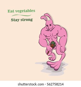 Powerful pink rabbit eats carrots and become strong