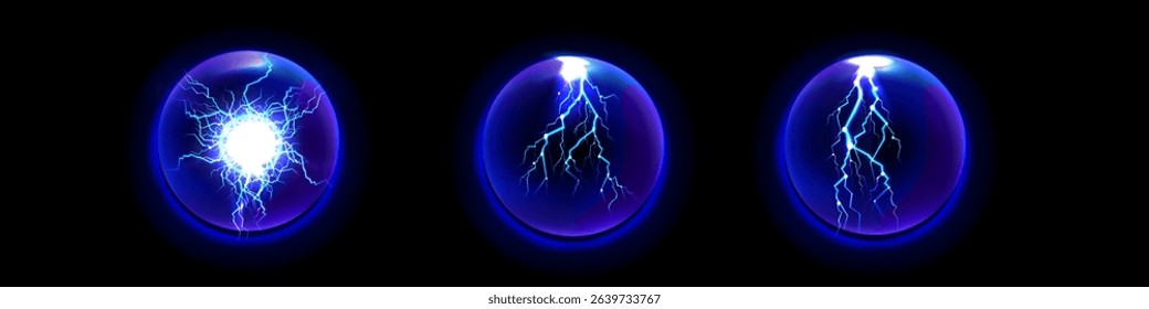 Powerful plasma spheres with electric discharge. Vector isolated energy balls with bolts and lightning in core. Magical realistic effect with blast and glowing, current of electricity inside