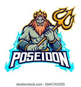 Powerful Poseidon Mascot Logo, Greek God of the Sea Illustration