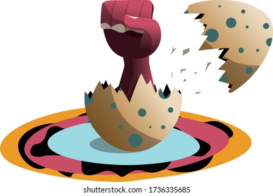 The powerful punch breaks the eggshell, which symbolizes the hidden monster within